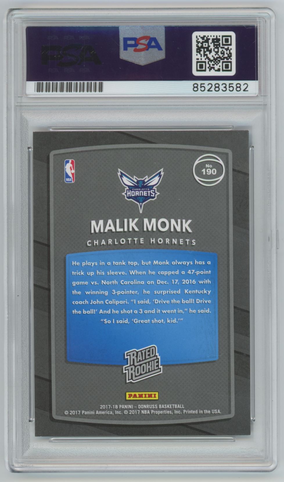 2017 Donruss Rated Rookie Malik Monk Auto PSA/DNA Authentic