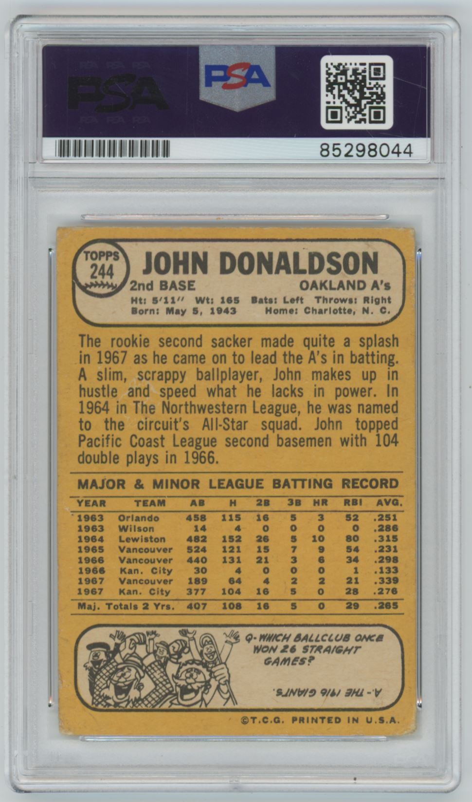 1968 Topps John Donaldson Auto - PSA/DNA Authentic (8044)