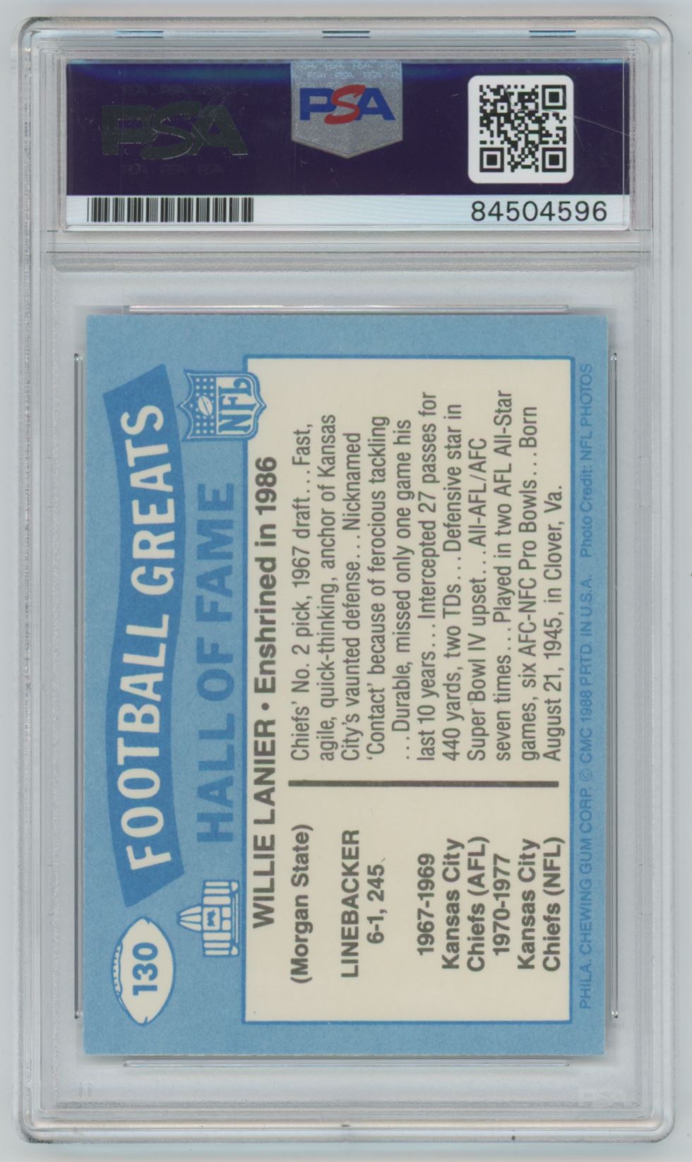 1988 Swell Willie Lanier Auto - PSA/DNA