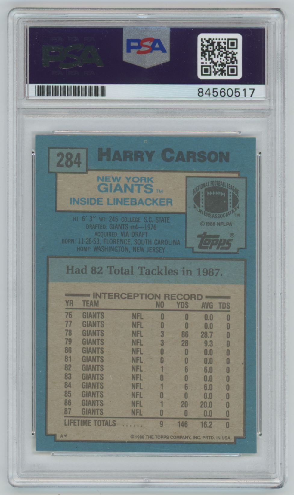 1988 Topps Harry Carson Auto - PSA/DNA