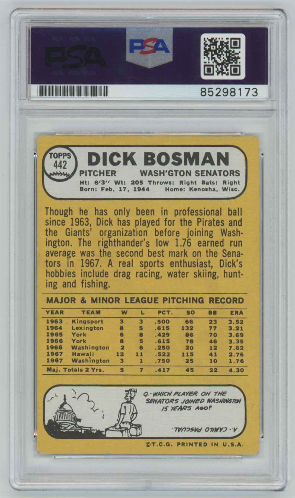 1968 Topps Dick Bosman Auto - PSA/DNA Authentic (8173)