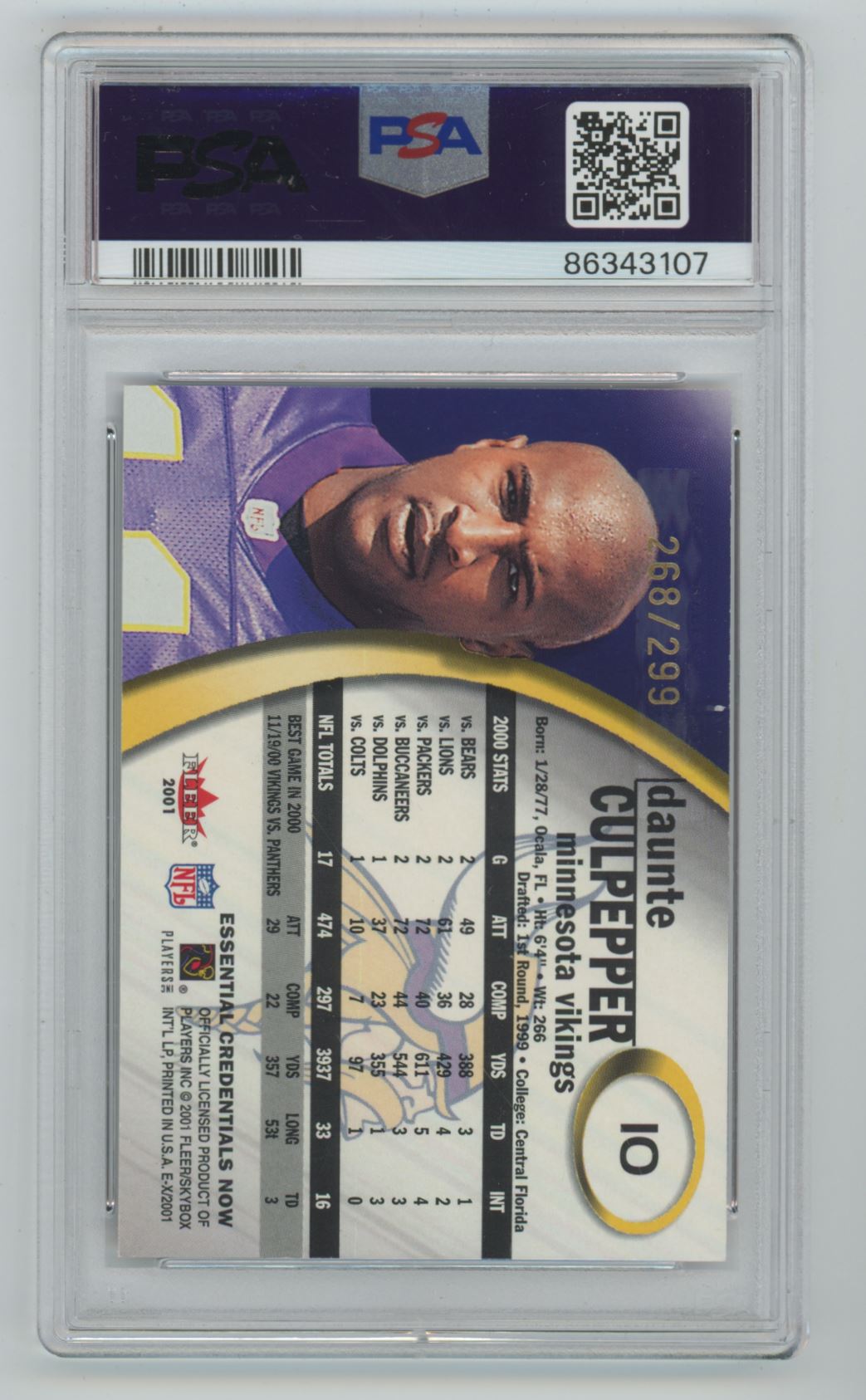 2001 Fleer E-X Daunte Culpepper Essential Credentials /299 - PSA 7