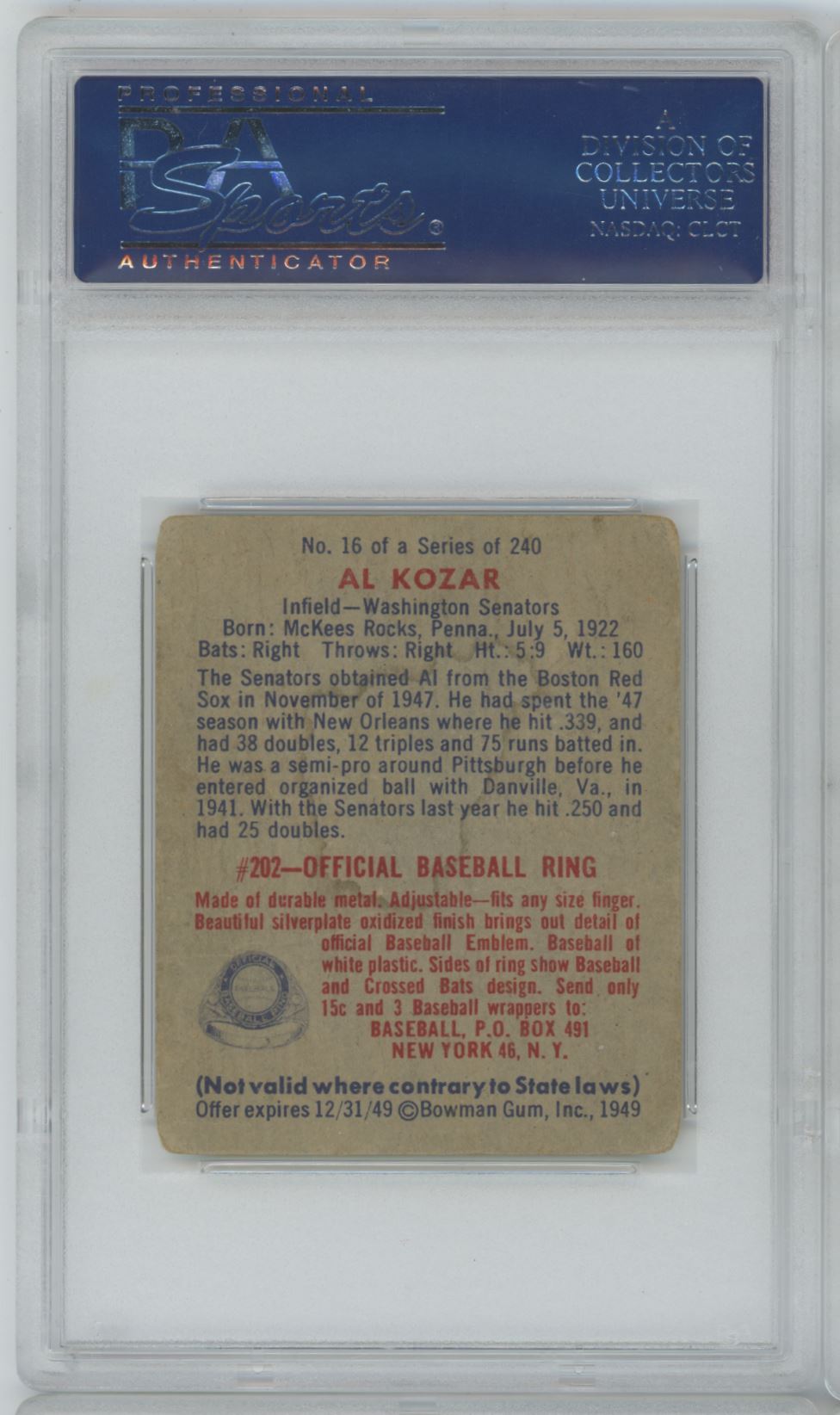 1949 Bowman Al Kozar #16 - PSA 2.5