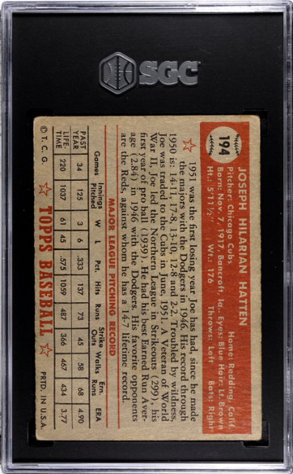 1952 Topps #194 Joe Hatten SGC 4