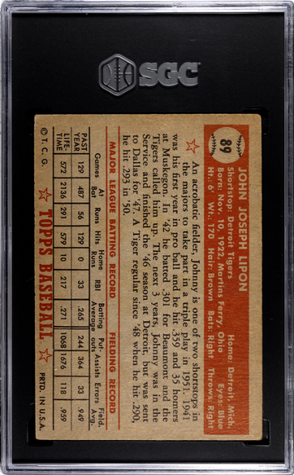 1952 Topps #89 Johnny Lipon SGC 2