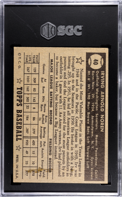 1952 Topps #40 Irv Noren Black Back SGC 4