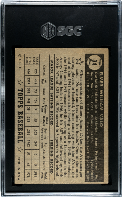 1952 Topps #34 Elmer Valo Black Back SGC 2