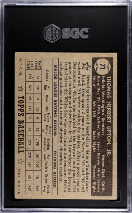 1952 Topps #71 Tom Upton Black Back SGC 3