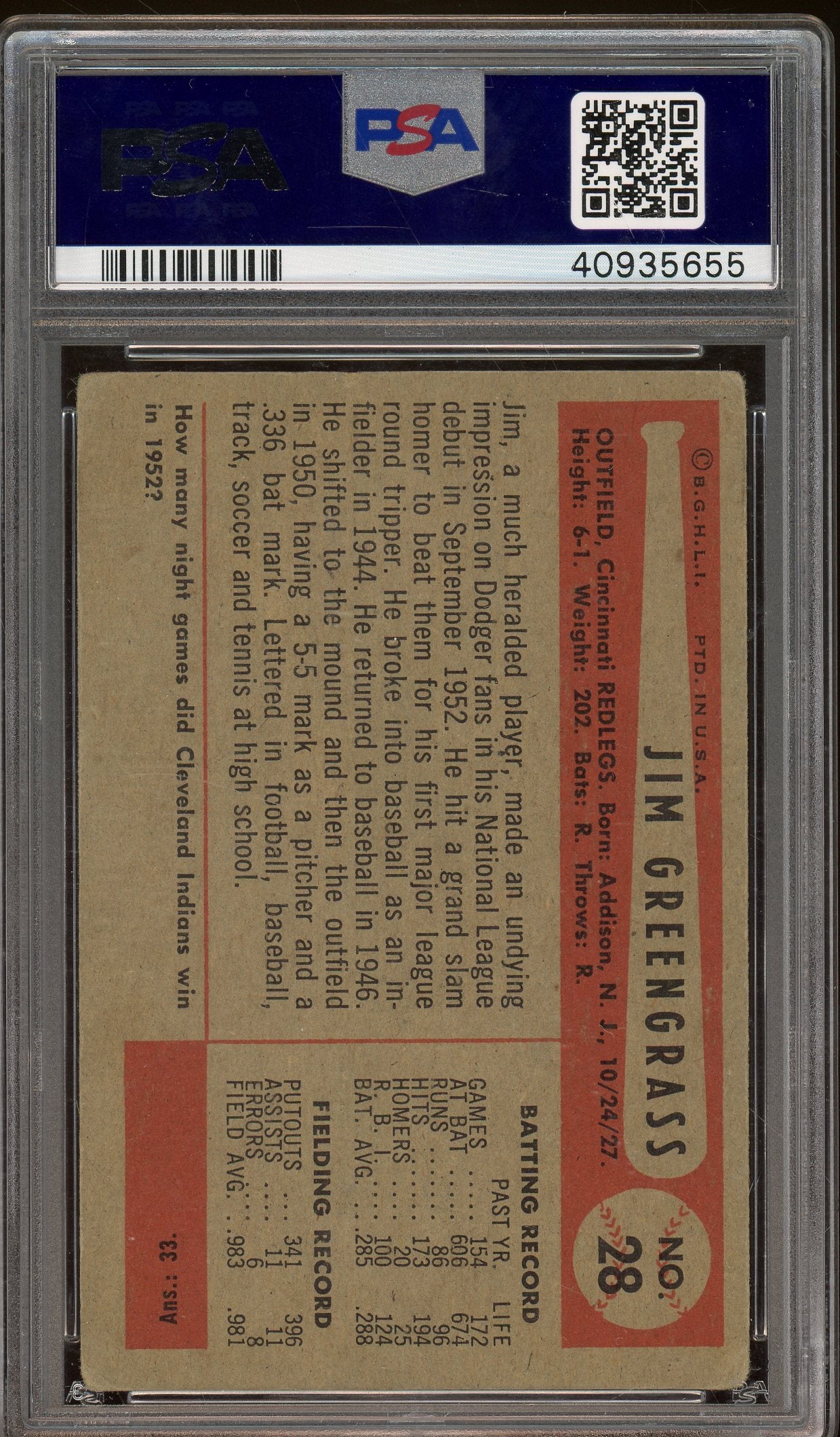 1954 Bowman #28 Jim Greengrass Birthplace Addison, N.Y. PSA 3