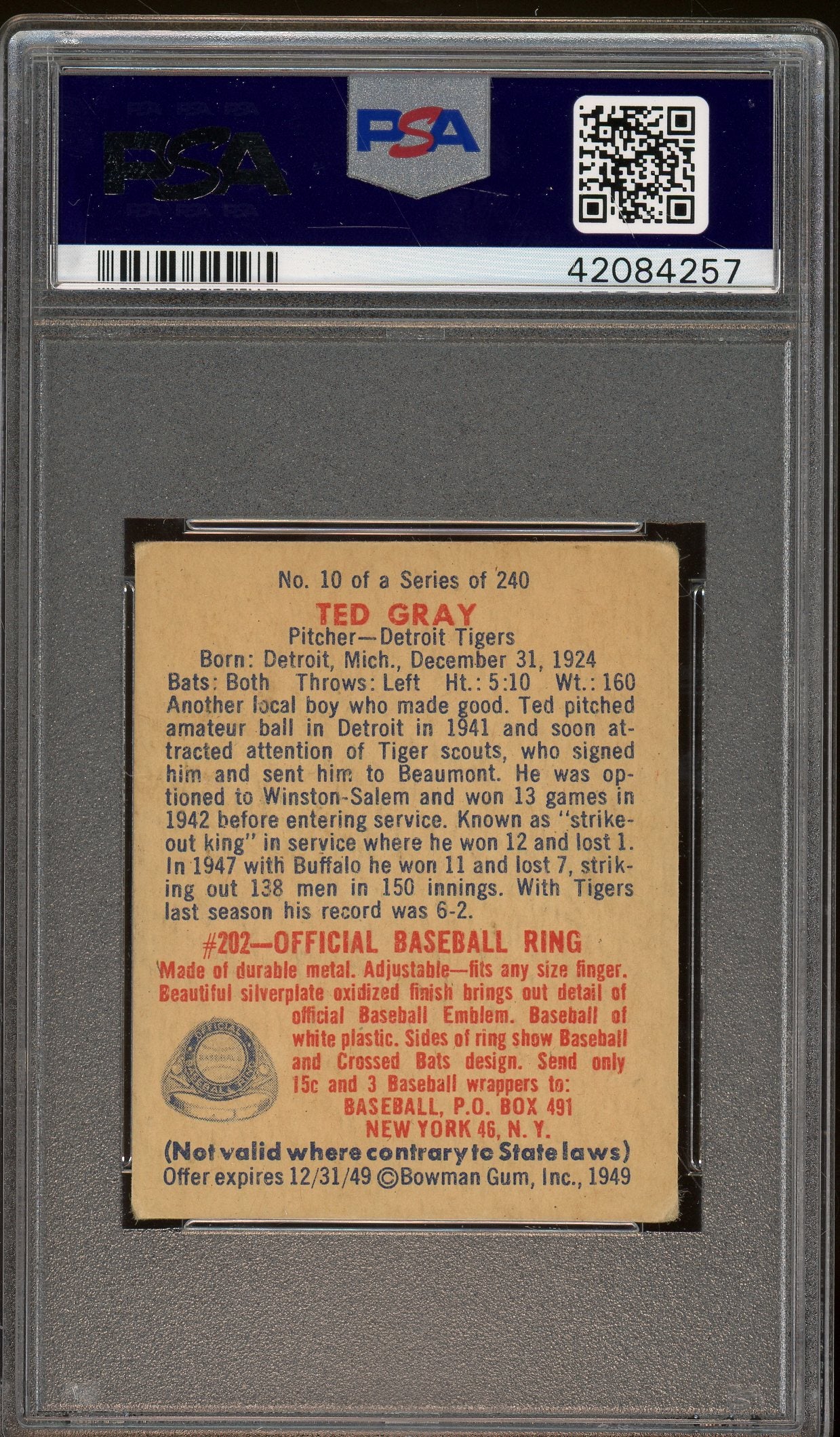 1949 Bowman #10 Ted Gray PSA 4