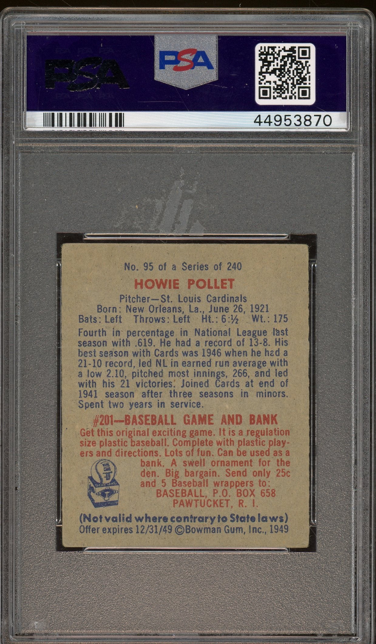 1949 Bowman #95 Howie Pollett PSA 4