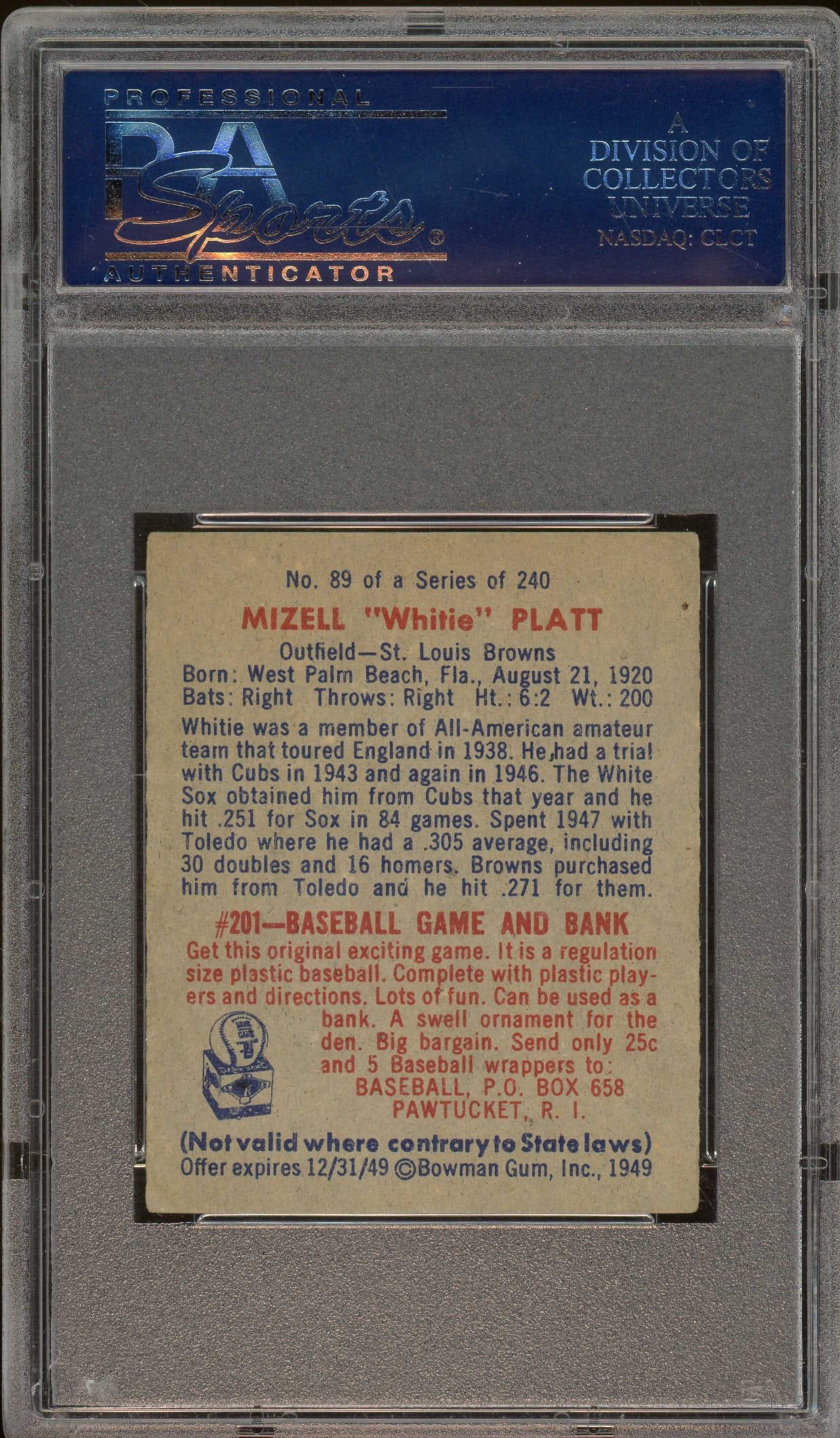 1949 Bowman #89 Whitie Platt PSA 4