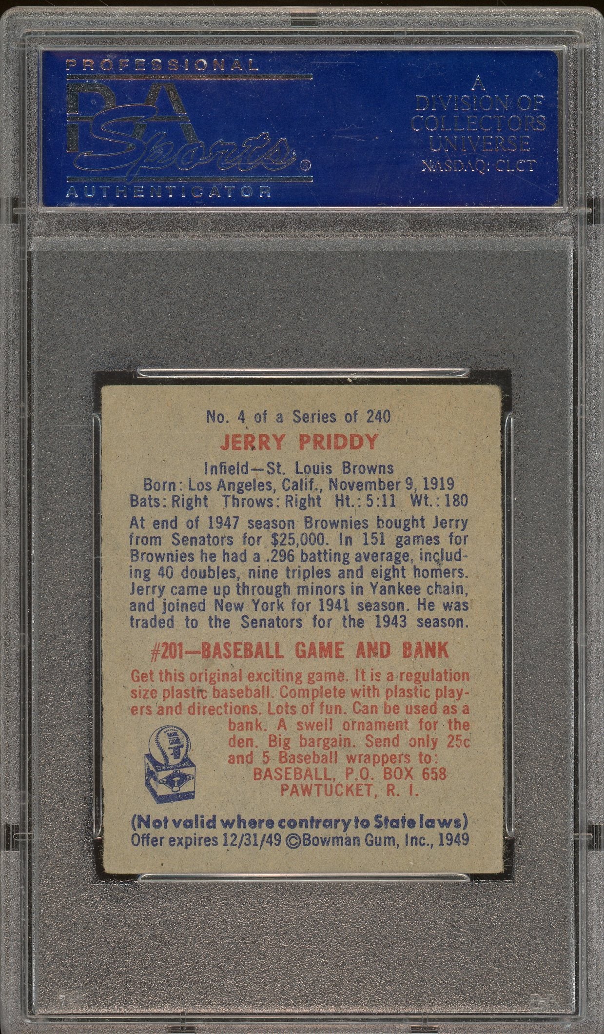 1949 Bowman #4 Jerry Priddy No Name On Front PSA 4