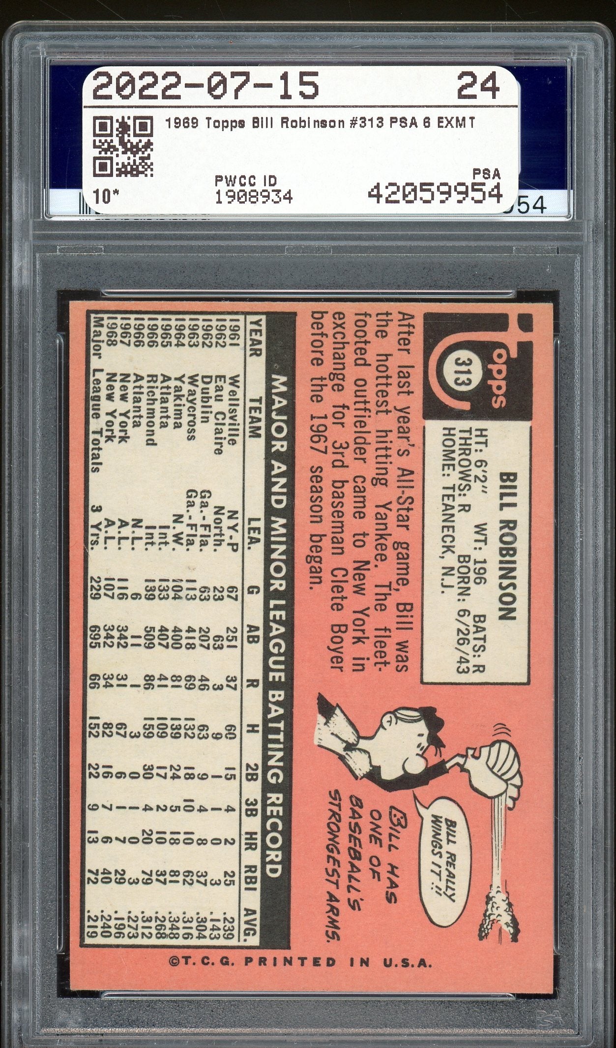 1969 Topps #313 Bill Robinson PSA 6