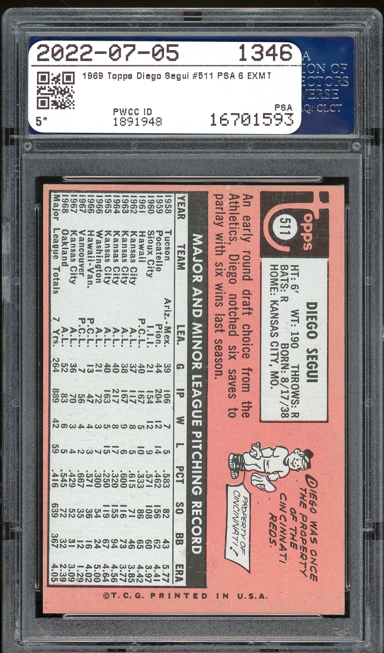 1969 Topps #511 Diego Segui PSA 6