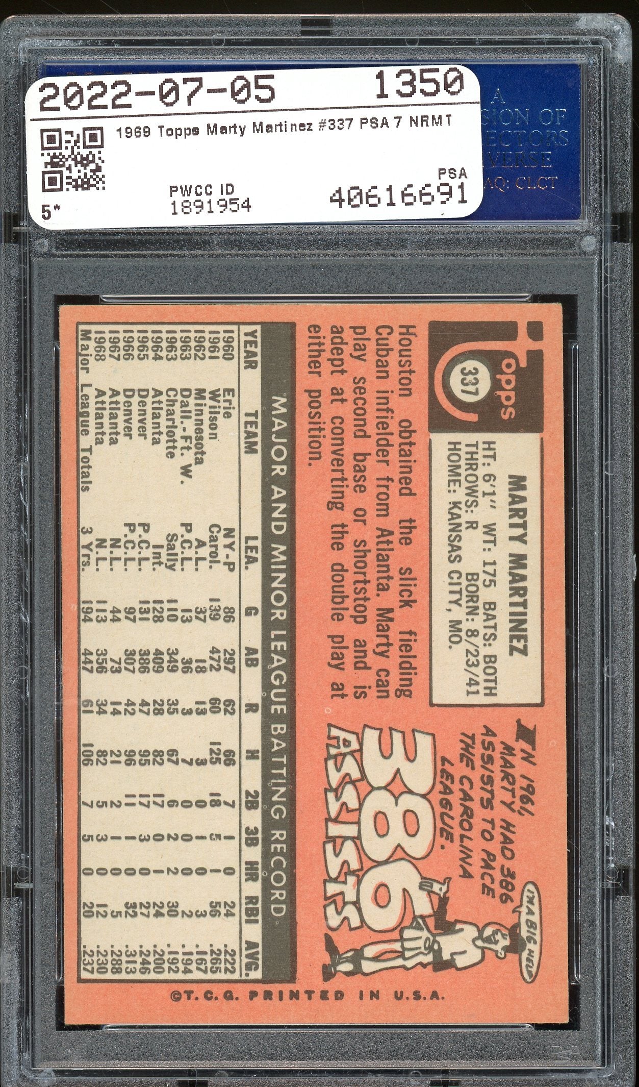 1969 Topps #337 Marty Martinez PSA 7