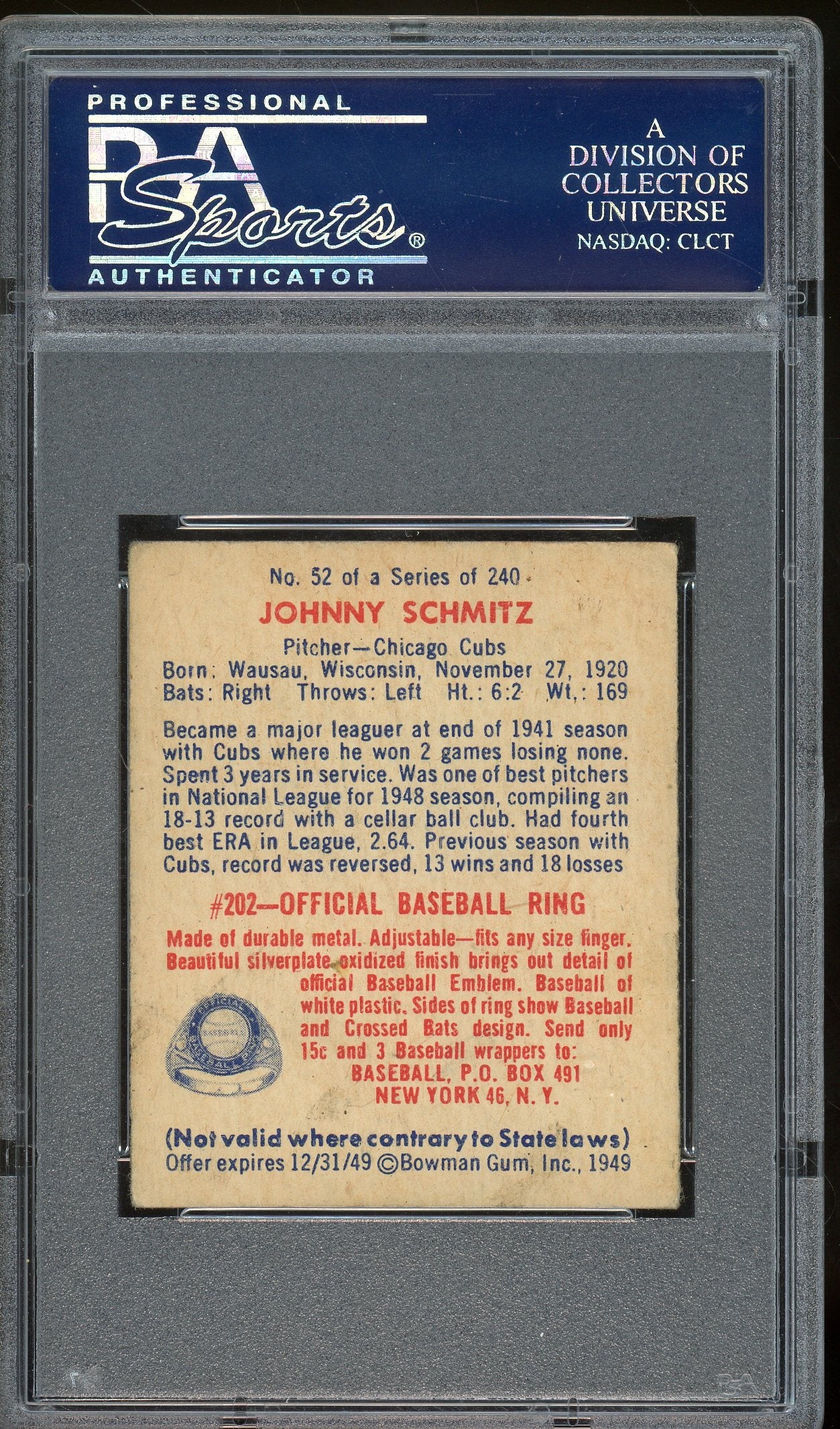 1949 Bowman #52 Johnny Schmitz PSA 4