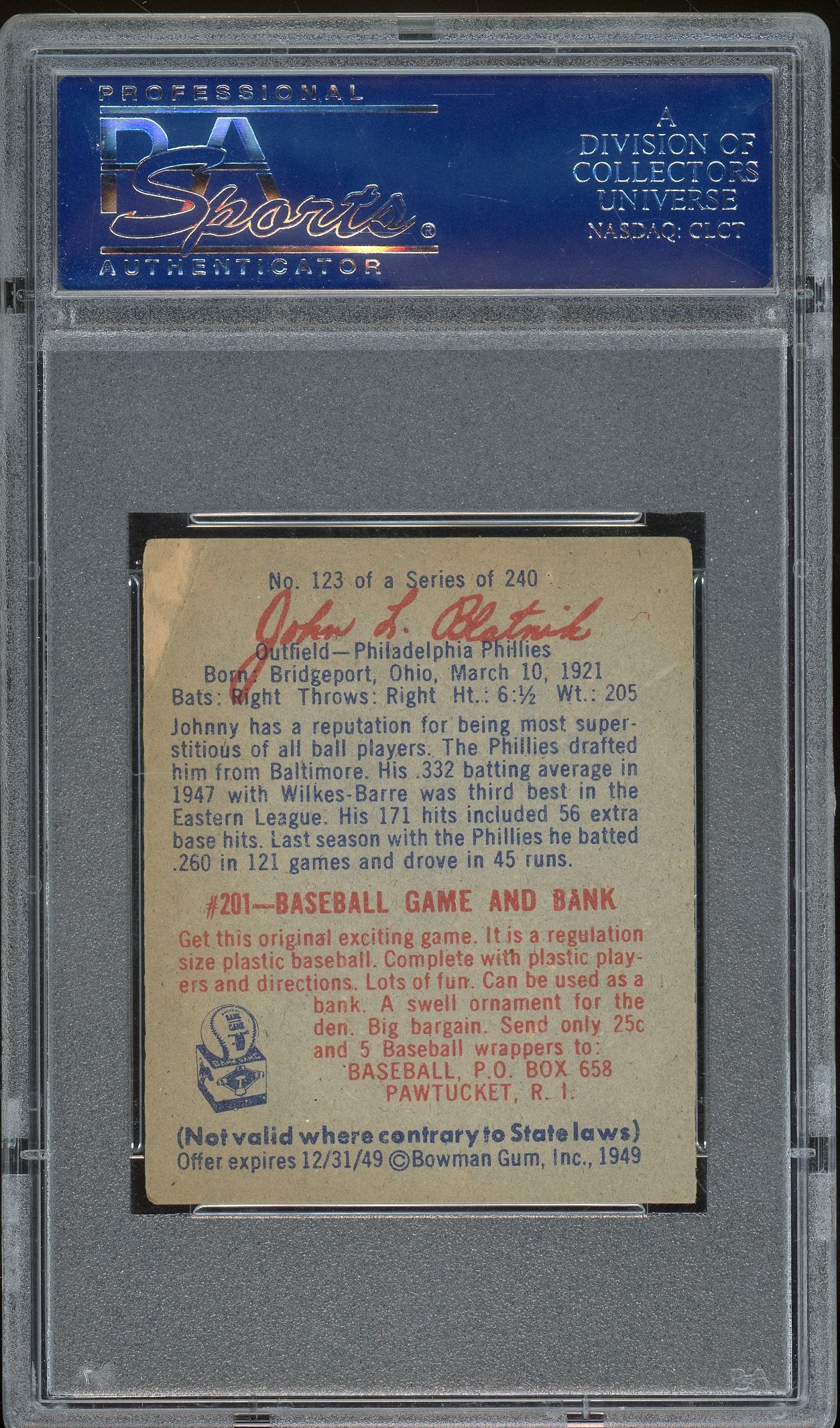 1949 Bowman #123 Johnny Blatnik
