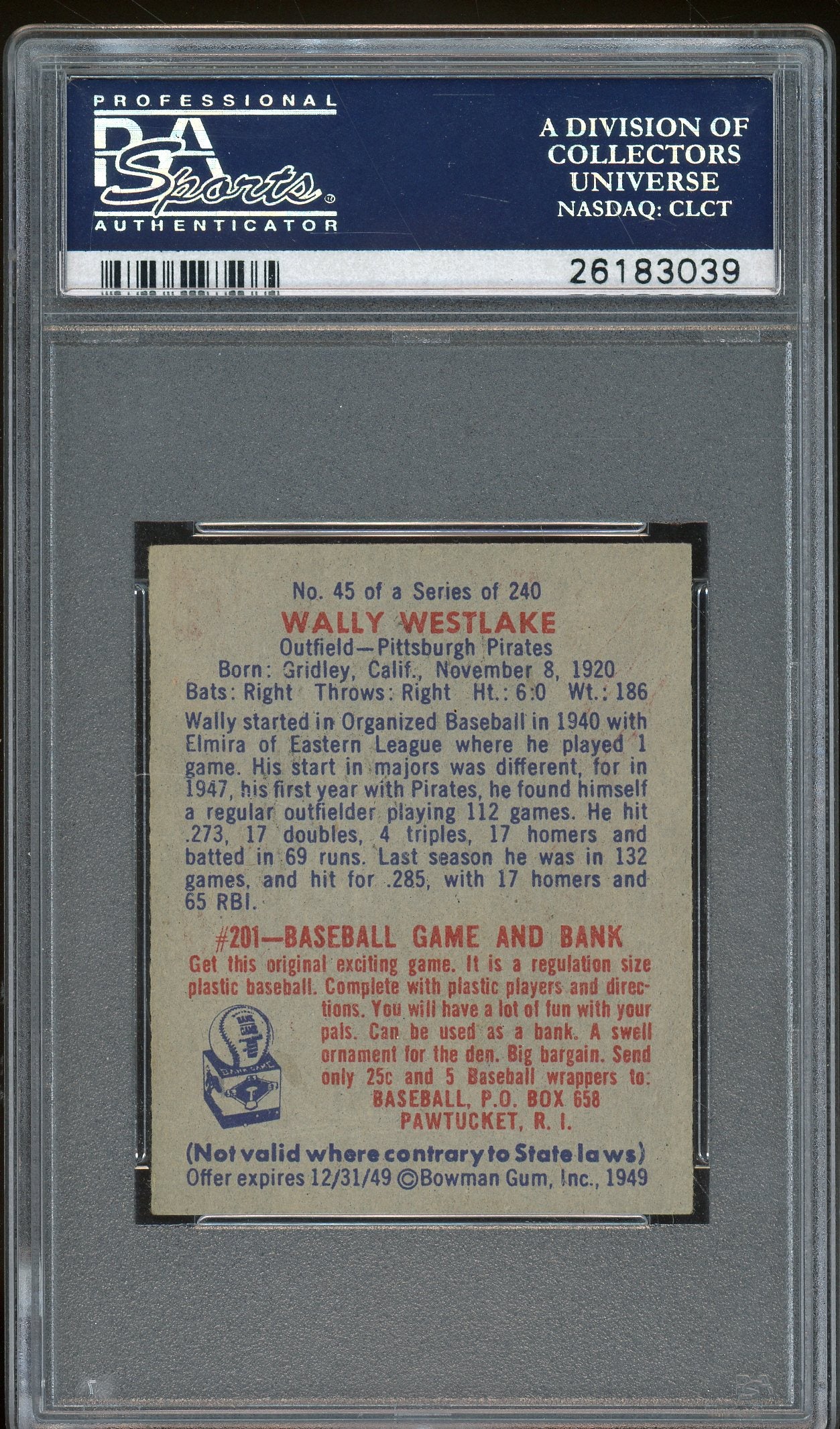 1949 Bowman #45 Wally Westlake PSA 2