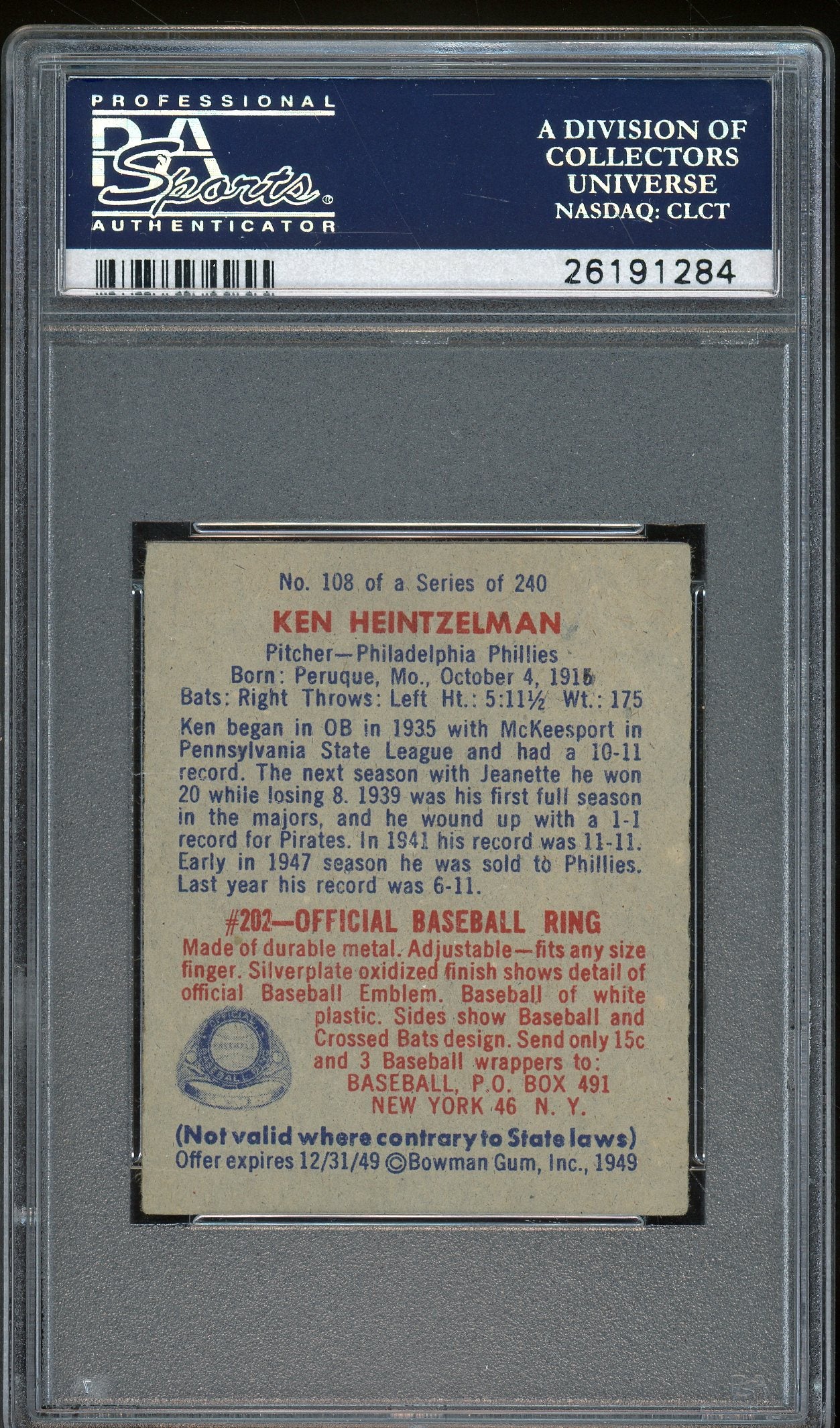 1949 Bowman #108 Ken Heintzelman PSA 3