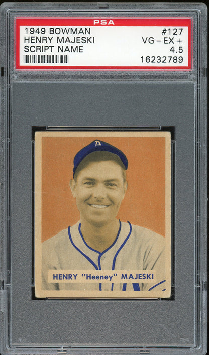 1949 Bowman #127 Henry Majeski Script Name On Back Script name on back PSA 4.5