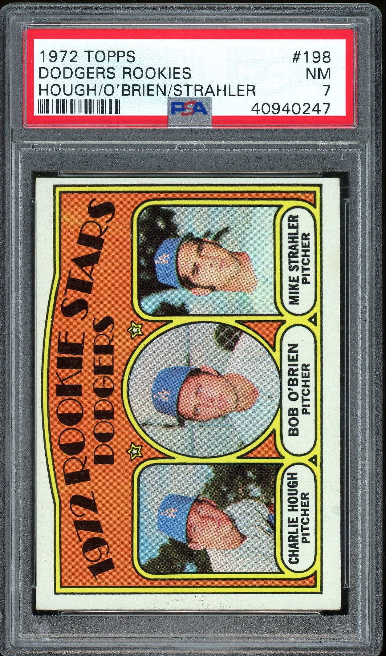 1972 Topps #198 Dodgers Rookies Hough/O'Brien/Strahler PSA 7