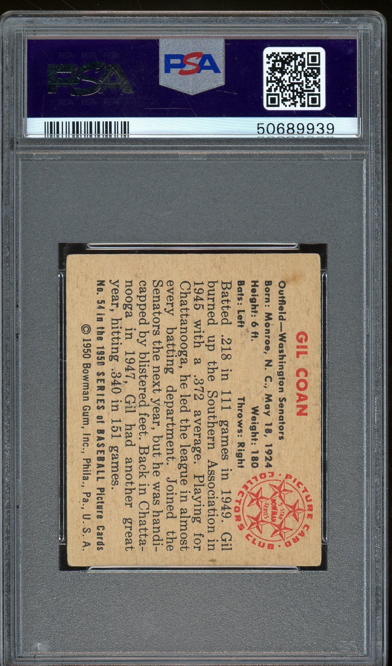 1950 Bowman #54 Gil Coan PSA 3.5