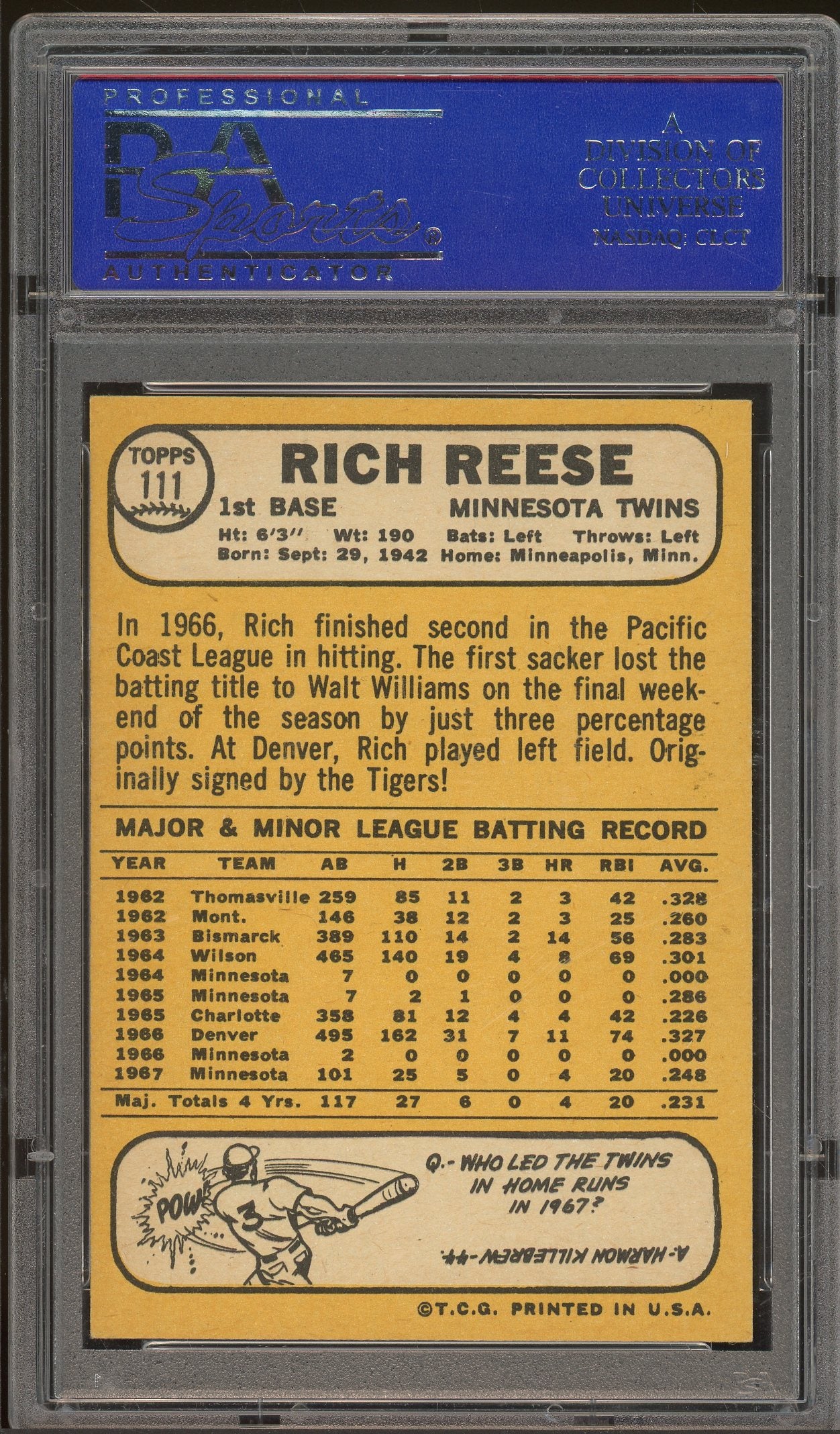 1968 Topps #111 Rich Reese PSA 8