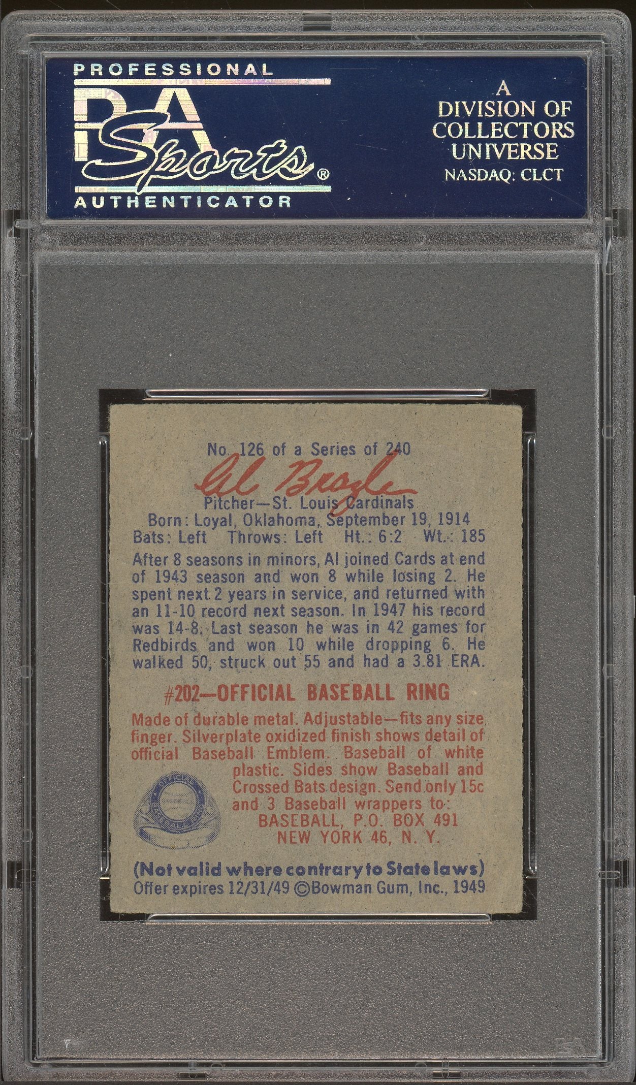 1949 Bowman #126a Al Brazle PSA 3