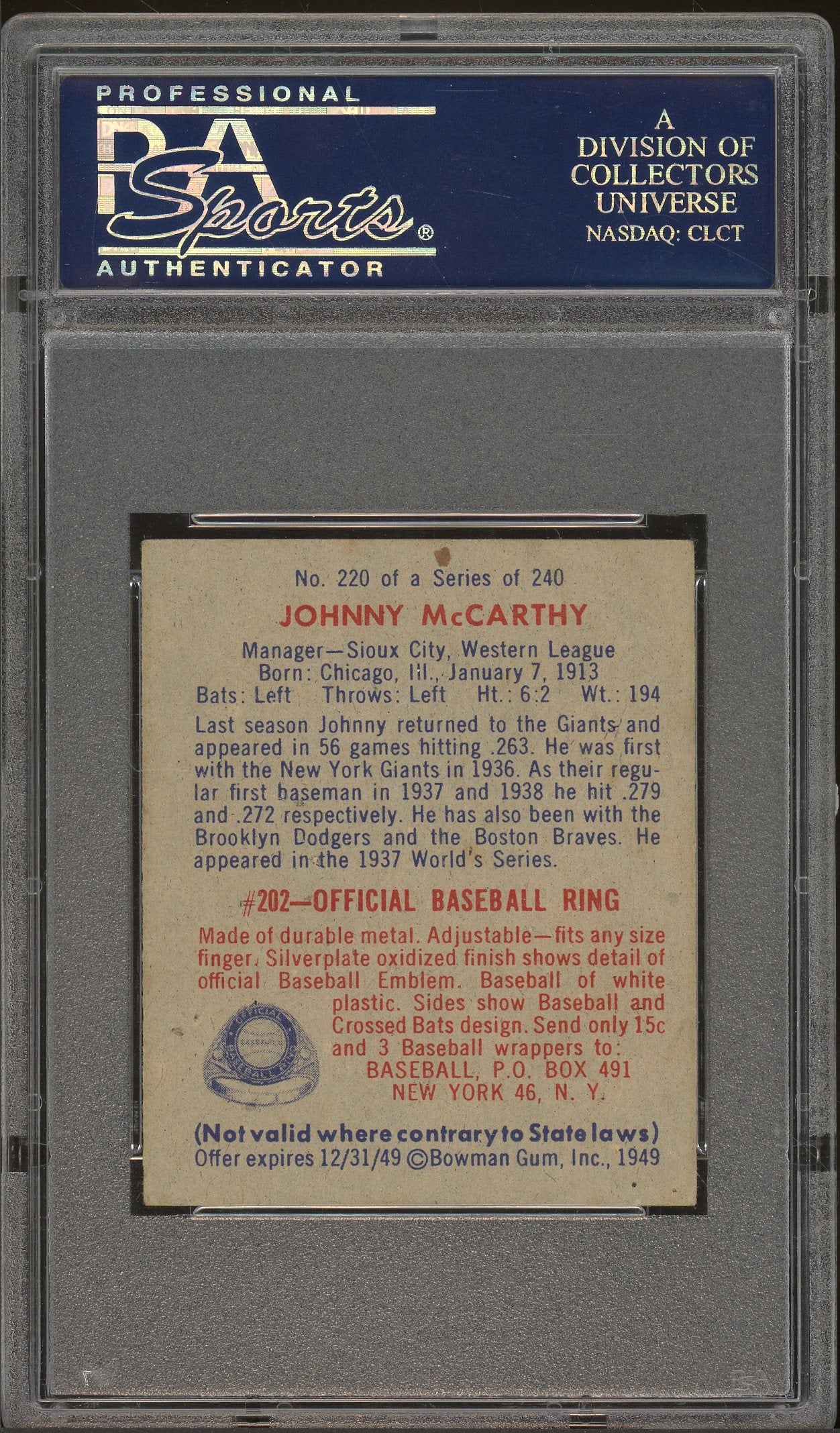 1949 Bowman #220 Johnny McCarthy PSA 5