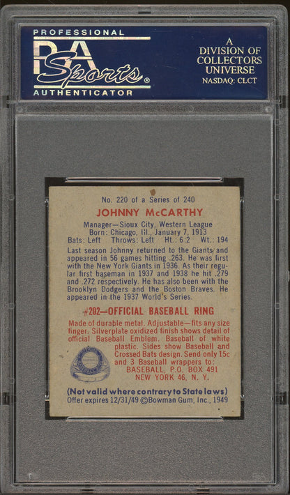 1949 Bowman #220 Johnny McCarthy PSA 5