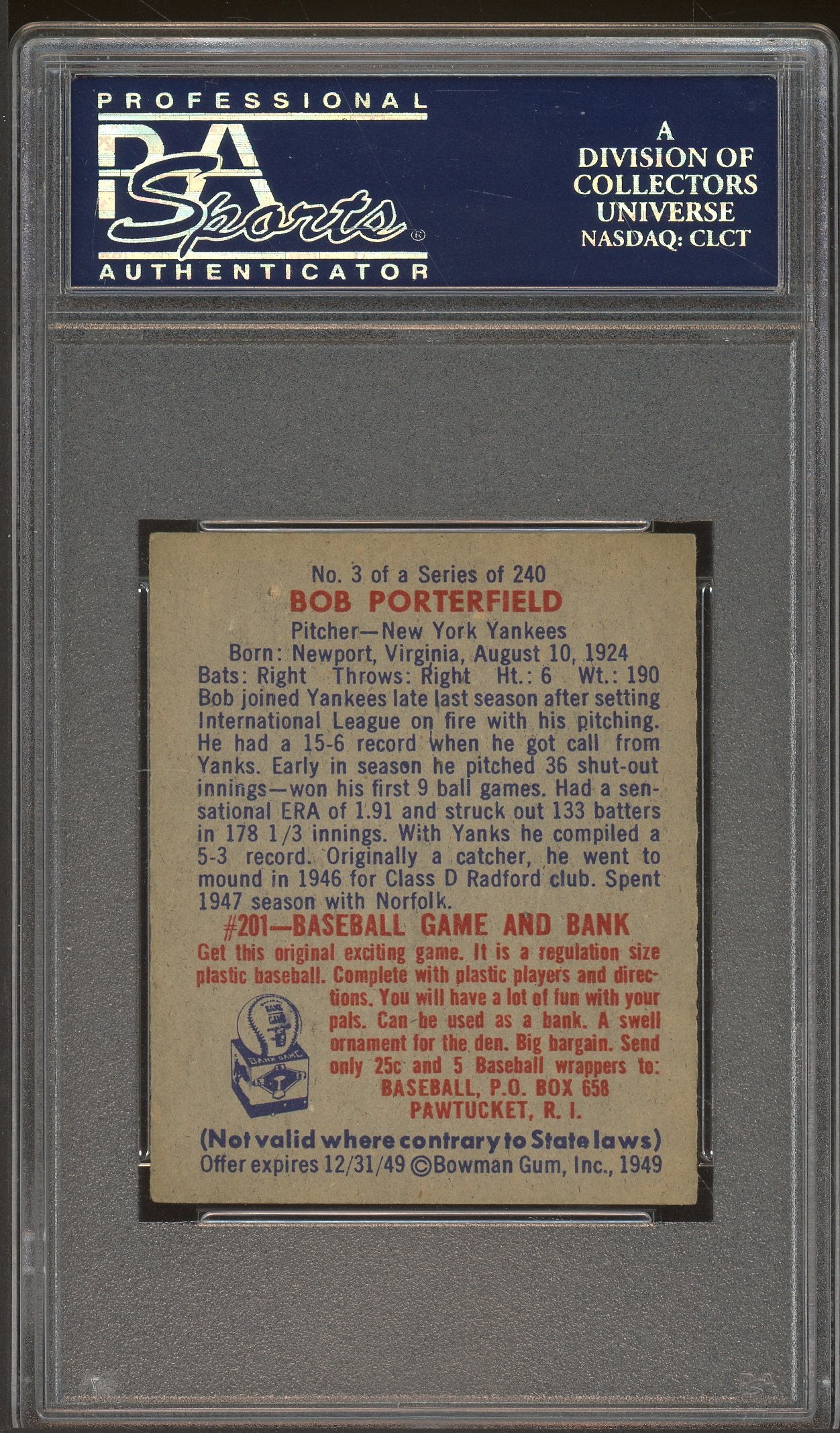 1949 Bowman #3 Bob Porterfield PSA 4