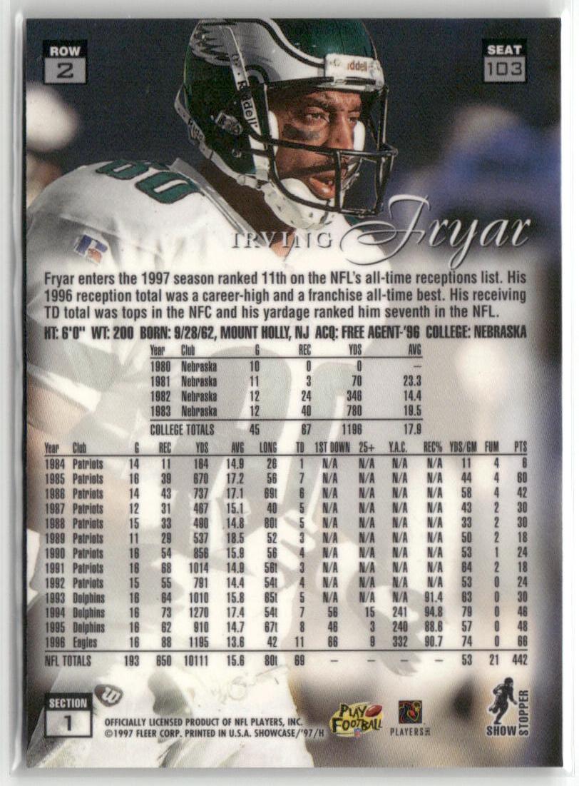 1997 Flair Showcase #103 Iriving Fryar Row 2 Autograph