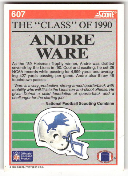 1990 Score #607 Andre Ware Autograph