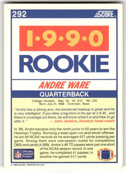 1990 Score #292 Andre Ware Autograph