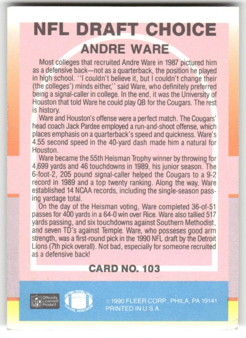 1990 Fleer #103 Andre Ware Autograph