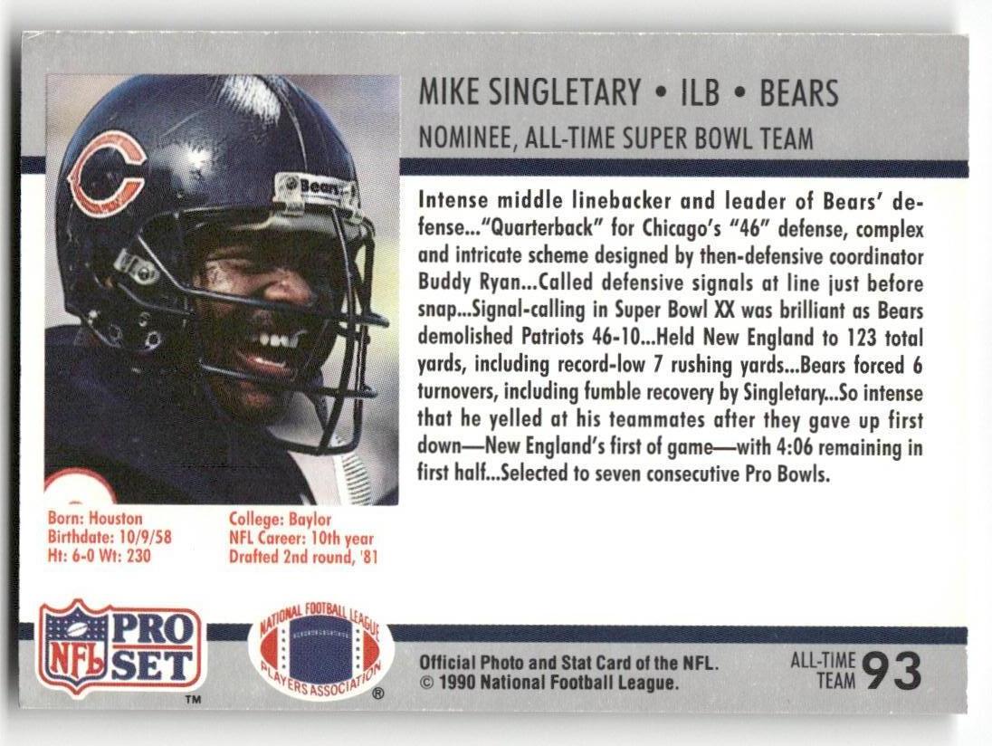 1990 Pro Set Super Bowl #93 Commemorative Mike Singletary Autograph