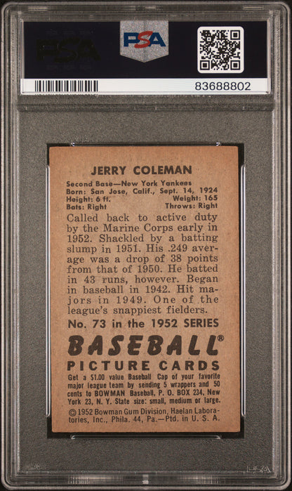 1952 Bowman #73 Jerry Coleman PSA 4