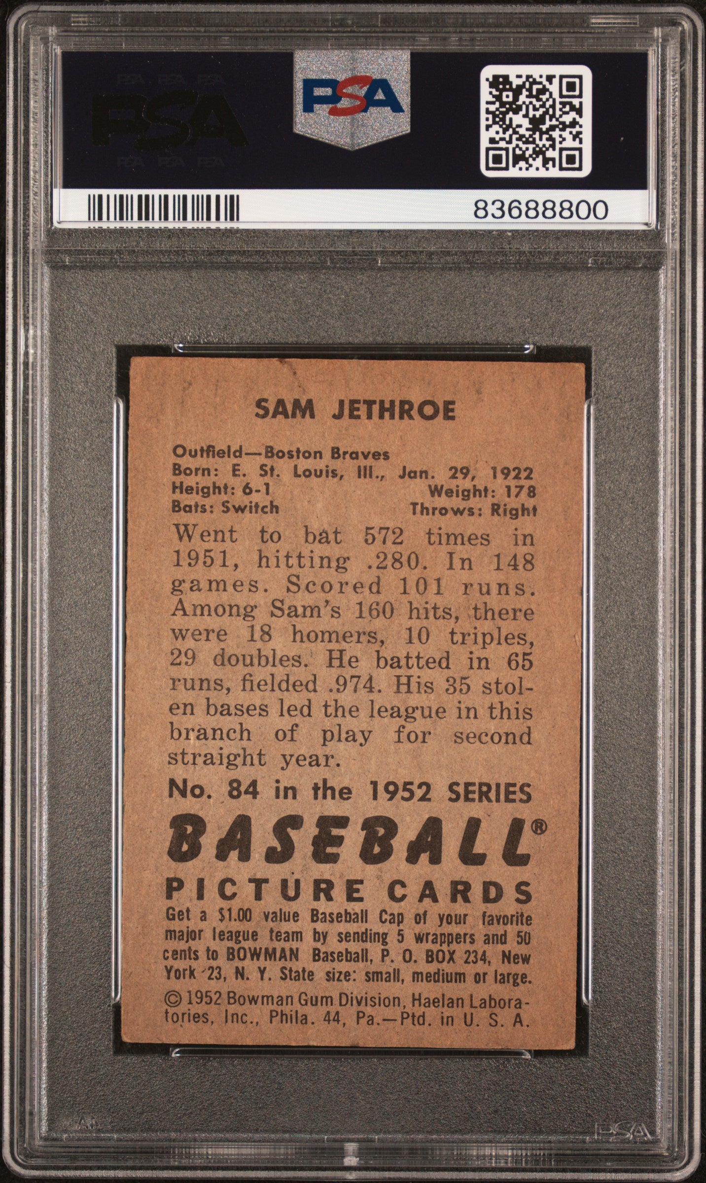 1952 Bowman #84 Sam Jethroe PSA 4