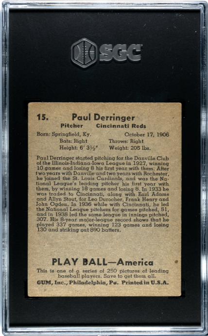 1939 Playball #15 Paul Derringer SGC 5