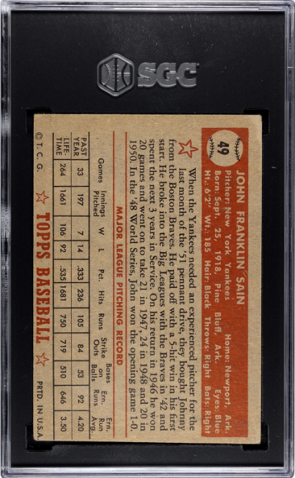 1952 Topps #49 Johnny Sain Red Back SGC A