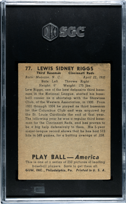 1939 Playball #77 Lew Riggs SGC 4.5