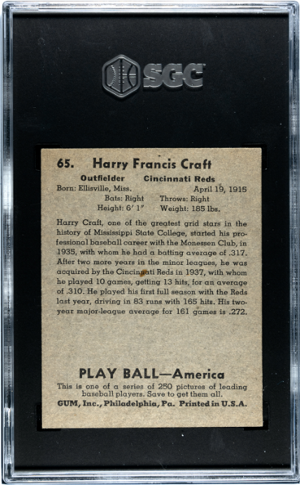 1939 Playball #65 Harry Craft SGC 5