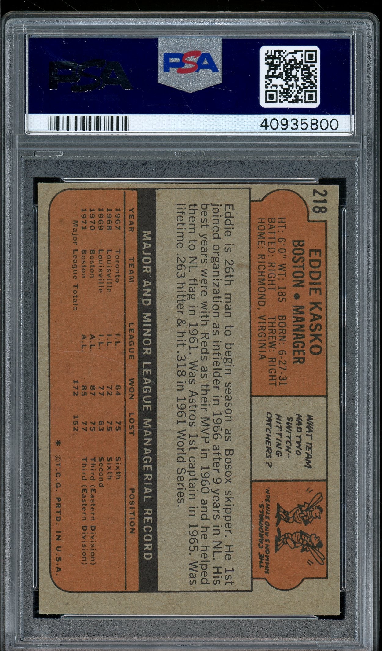 1972 Topps #218 Eddie Kasko PSA 7