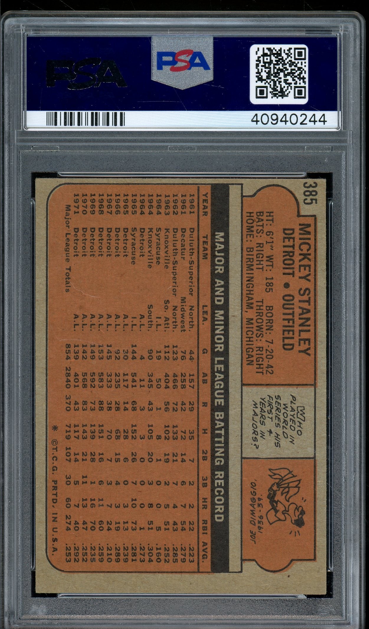 1972 Topps #385 Mickey Stanley PSA 7