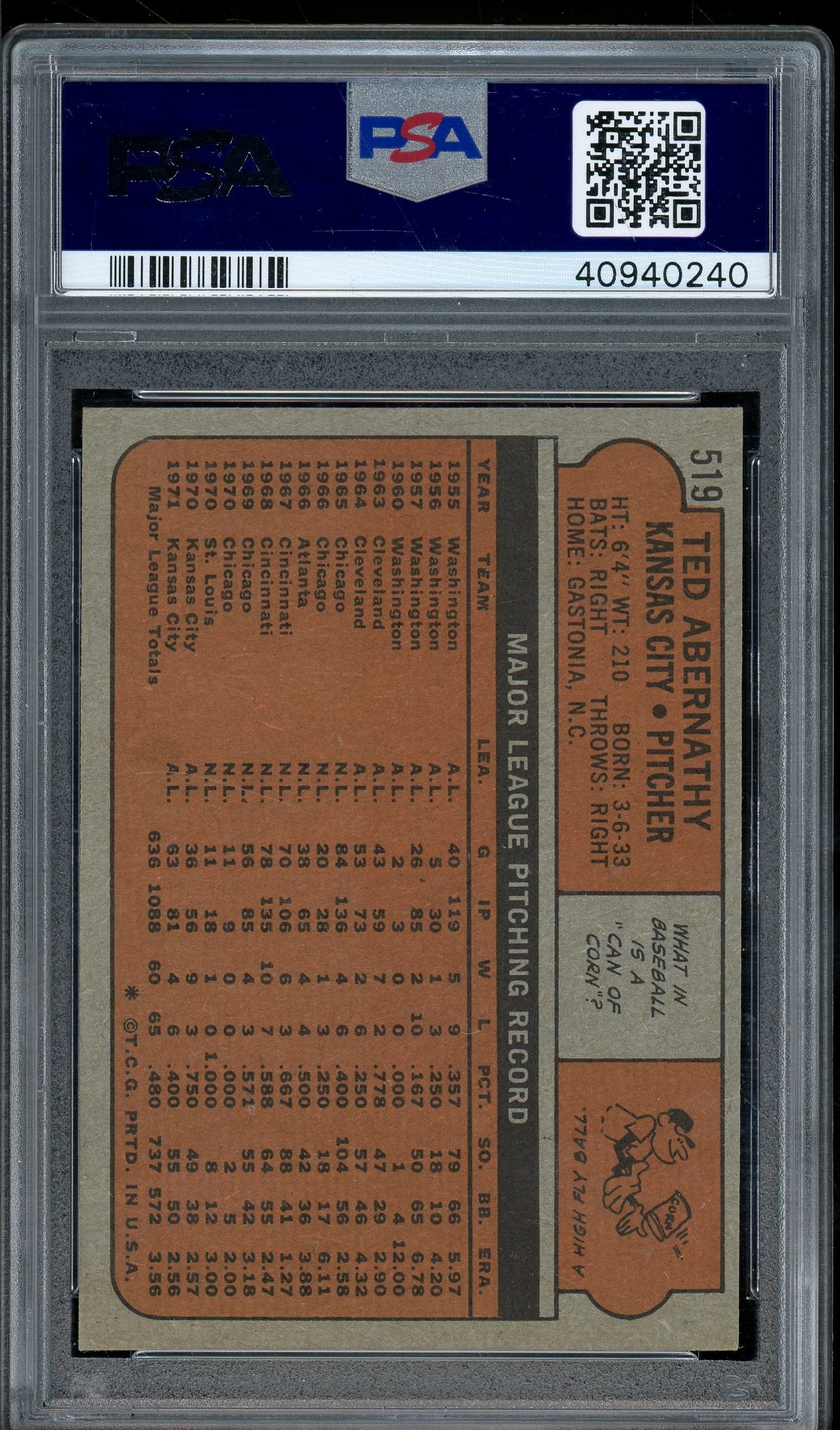 1972 Topps #519 Ted Abernathy PSA 7