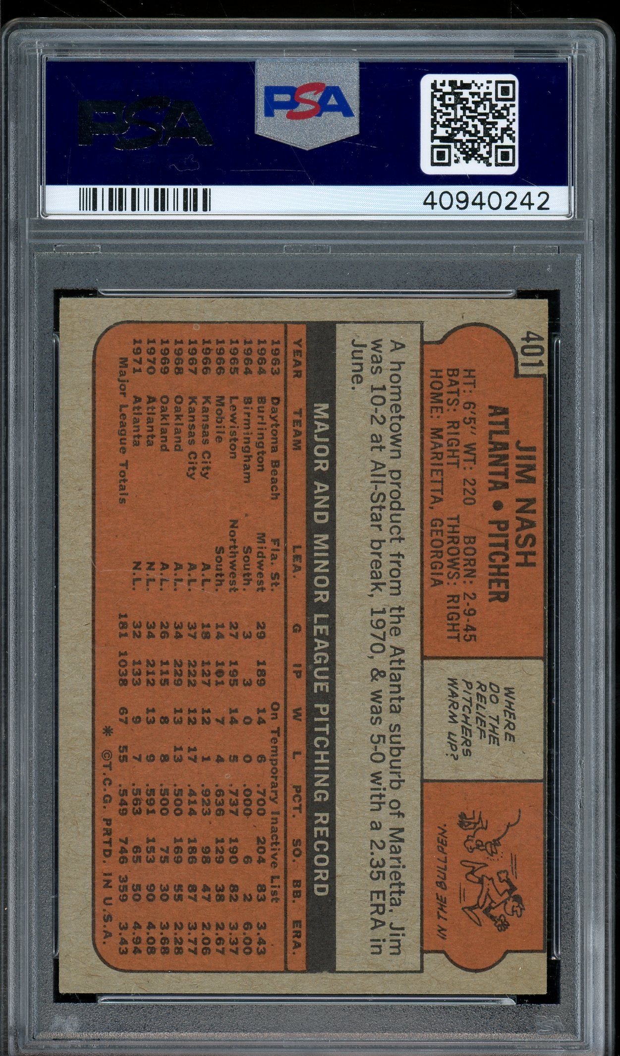 1972 Topps #401 Jim Nash PSA 6