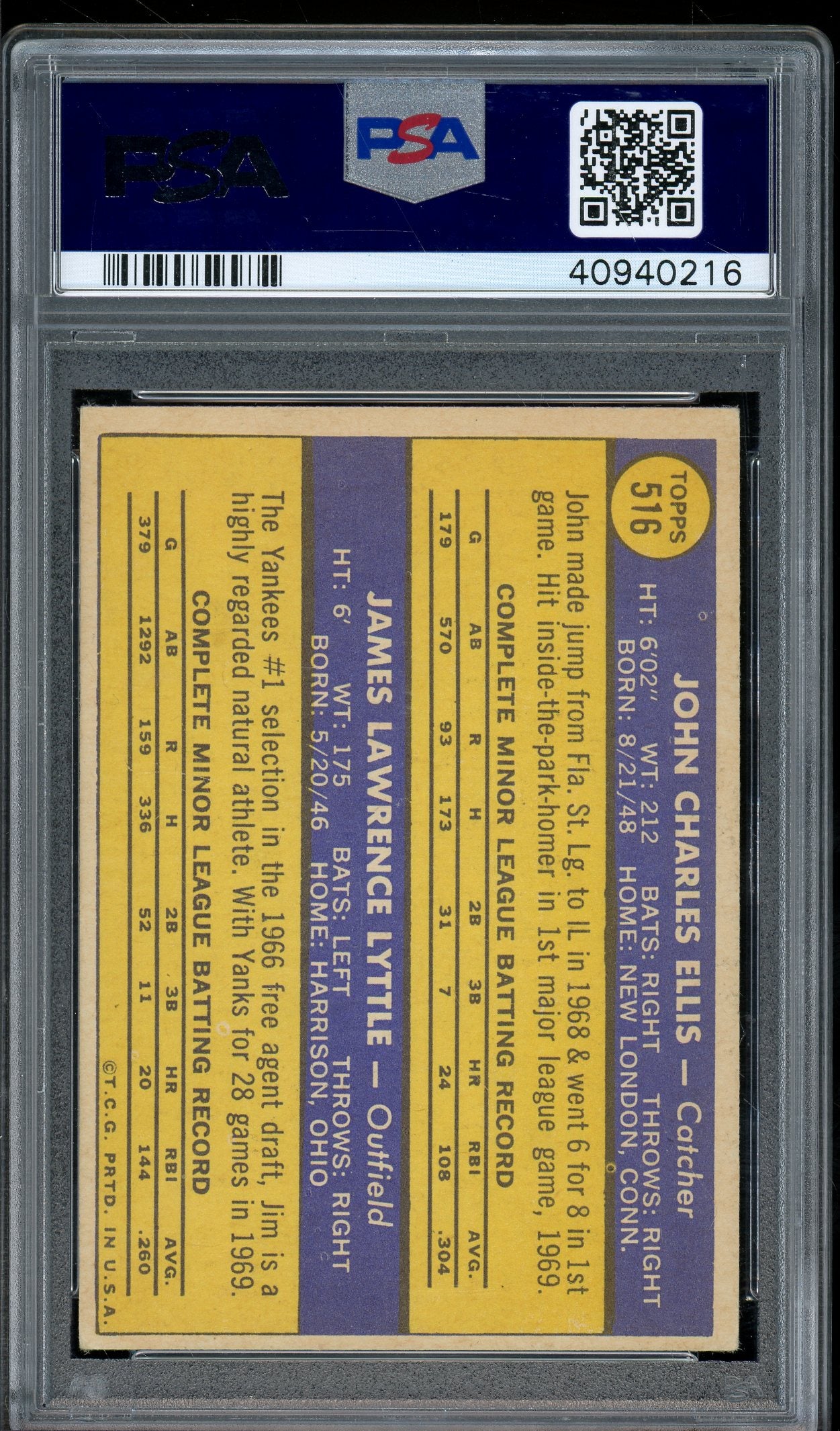 1970 Topps #516 Yankees 1970 Rookie Stars (John Ellis / Jim Lyttle) PSA 6