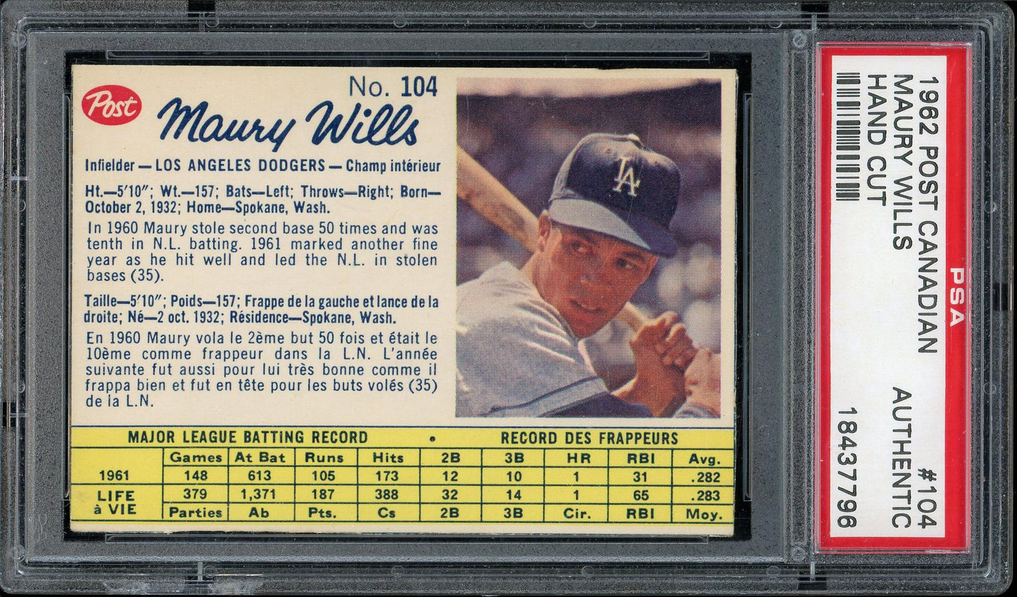 1962 Post Cereal Canadian #104 Maury Wills PSA Authentic