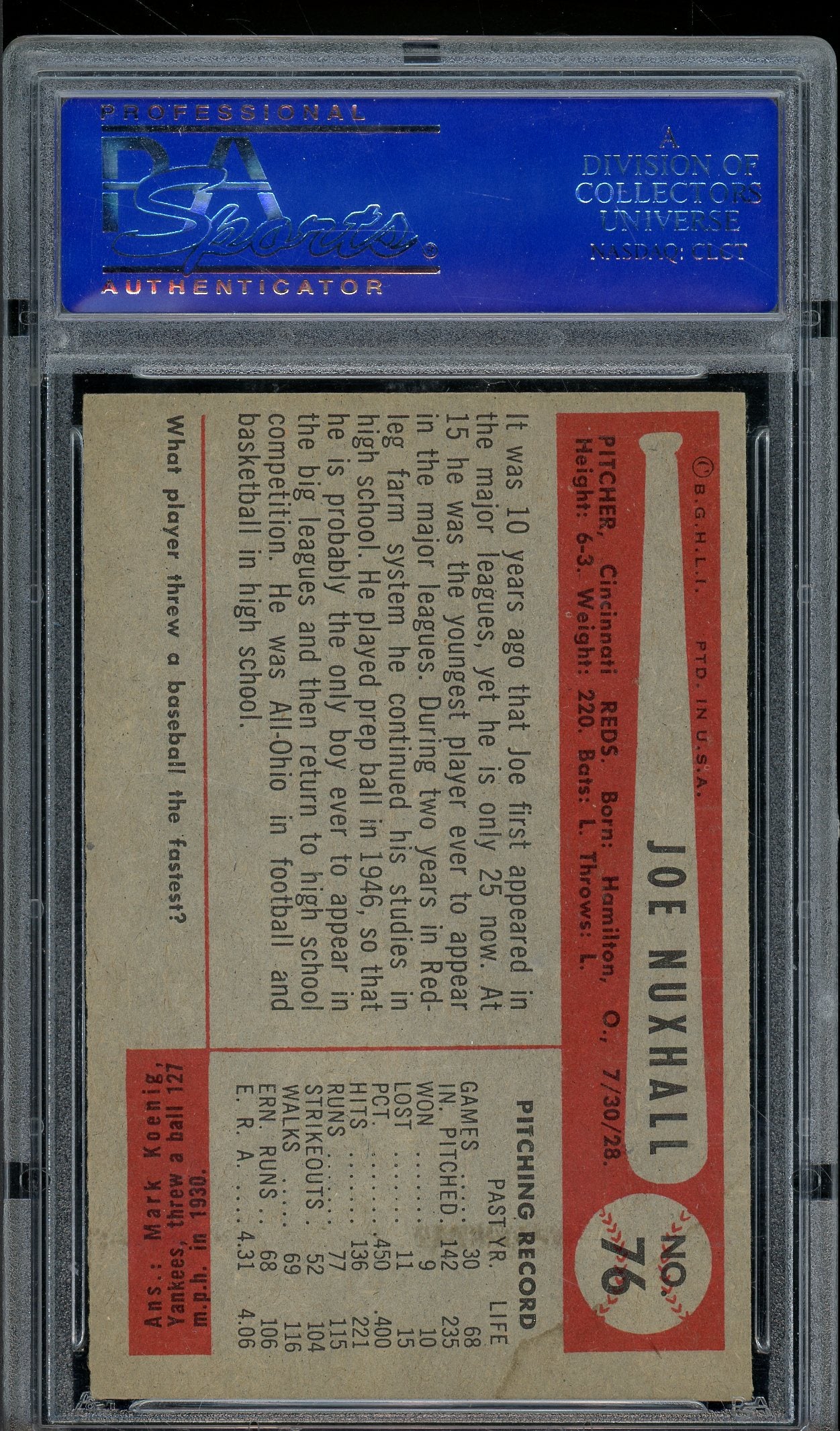 1954 Bowman #76 Joe Nuxhall PSA 6